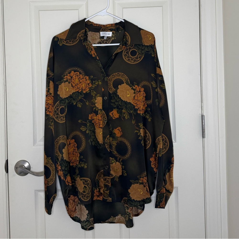 Aqoa Black Floral Button-Down Blouse